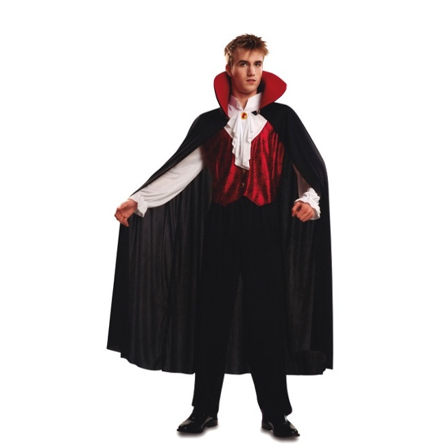 Vista frontal del costume de vampire avec longue cape pour hommes disponible también en talla XL