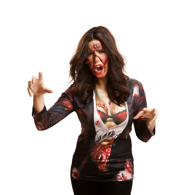 Vista frontal del t-shirt imprimé zombie pour les femmes en stock