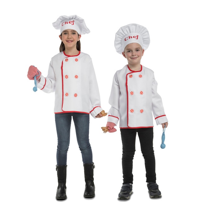Vista delantera del costume de chef cuisinier pour enfants avec accessoires en stock