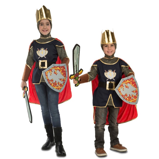 Vista delantera del costume de chevalier médiéval pour enfants avec accessoires en stock