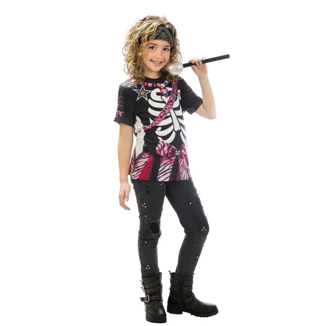 Vista principal del t-shirt de costume de rockeur squelette rose pour enfants en stock