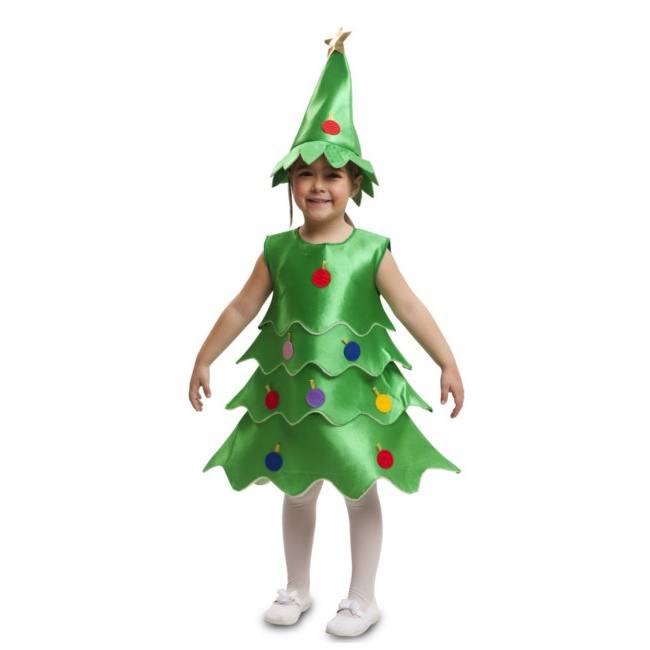 Vista frontal del costume de sapin de Noël avec boules de couleur pour enfants en stock