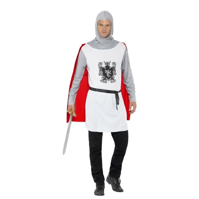 Vista frontal del costume de chevalier blanc médiéval avec cotte de mailles pour homme en stock