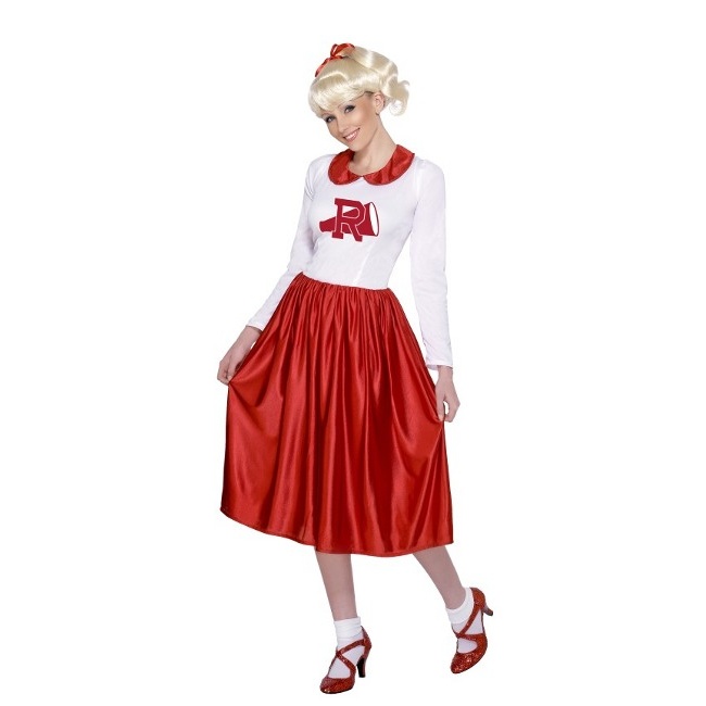 Vista frontal del costume de pom-pom girl Sandy (Grease) pour femmes en stock