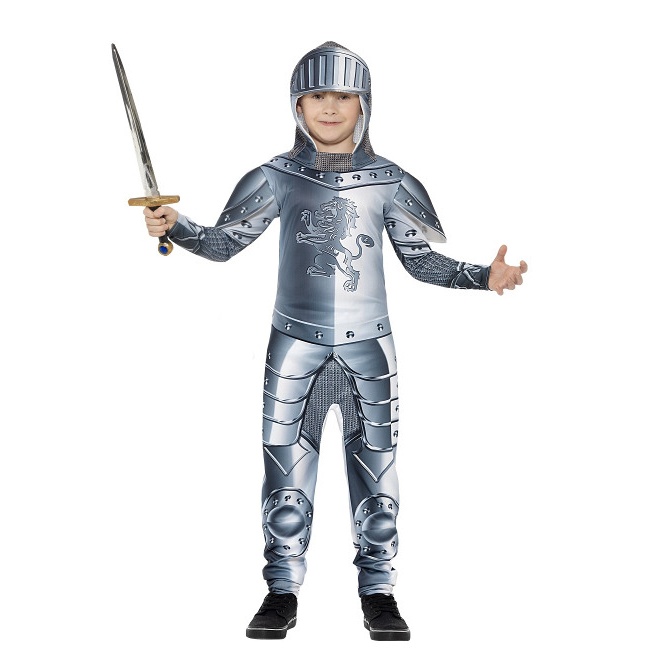 Vista delantera del costume de chevalier médiéval avec armure pour enfants en stock