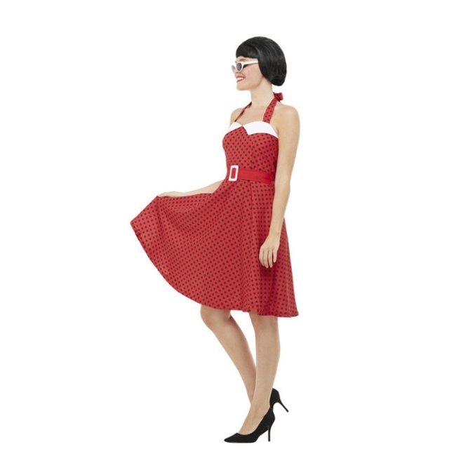 Foto lateral/trasera del modelo de Costume des années 50 rouge à pois noirs