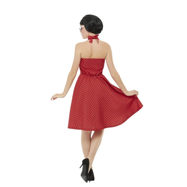 Foto lateral/trasera del modelo de Costume des années 50 rouge à pois noirs