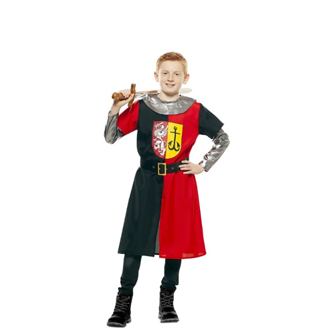 Vista frontal del costume de chevalier médiéval rouge et noir pour garçons en stock