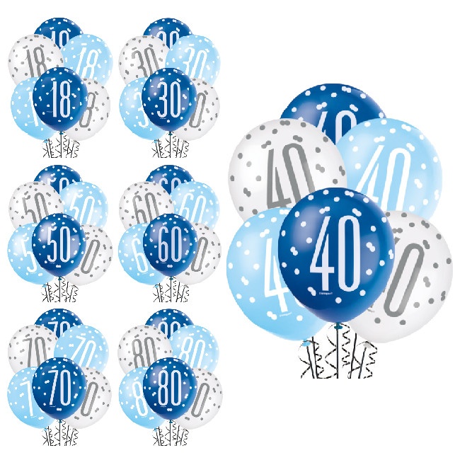 Ballons d'anniversaire bleu et blanc en latex 30 cm - Qualatex - 6 unités  par 3,75 €
