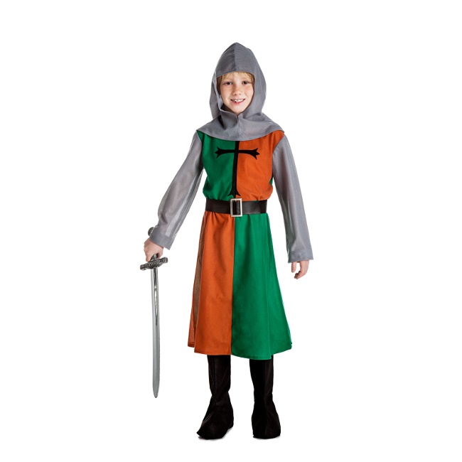 Vista delantera del costume de chevalier templier vert et orange pour enfants en stock