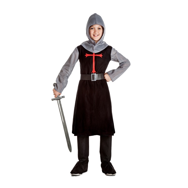 Vista frontal del costume de chevalier templier noir pour enfants en stock