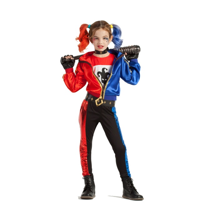 Vista frontal del costume Harley Supervillain pour enfants en stock