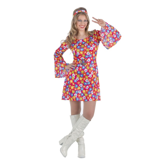 Vista frontal del costume de hippie des années 70 avec fleurs pour femmes disponible también en talla XL
