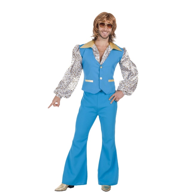 Homme dans un costume disco années 70 perruque et bête Photo Stock