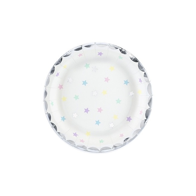 Vista frontal del assiettes blanches avec étoiles colorées 18 cm - 6 unités en stock