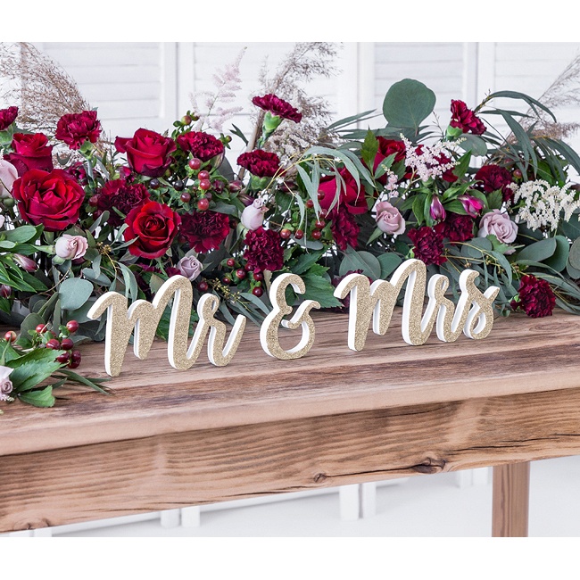 Foto detallada de panneau en bois Golden Mr and Mrs avec paillettes - 50 x 10 cm