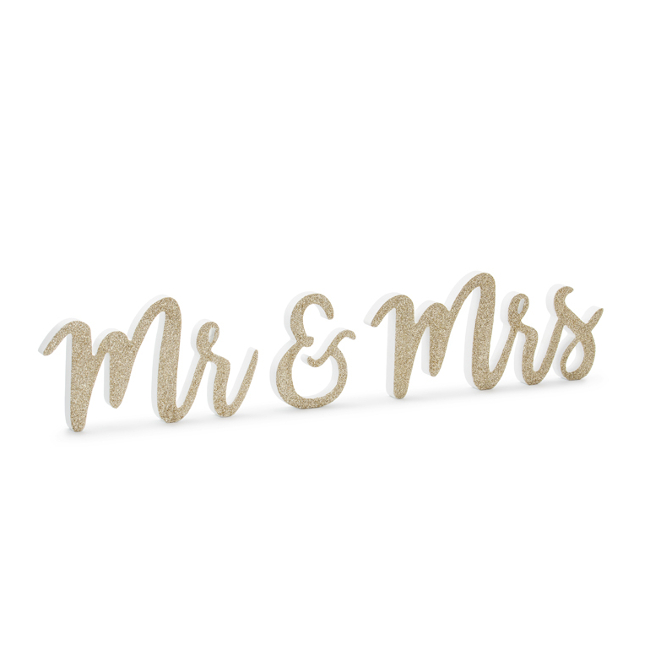 Vista principal del panneau en bois Golden Mr and Mrs avec paillettes - 50 x 10 cm en stock