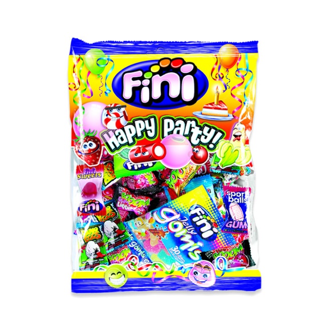 Vista principal del sachet de bonbons gélifiés assortis - emballage individuel - Fini Happy party - 500 g en stock