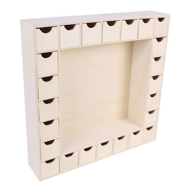 Vista delantera del calendrier de l'Avent en bois avec tiroirs 35 x 35 x 7 cm - Artis decor en stock