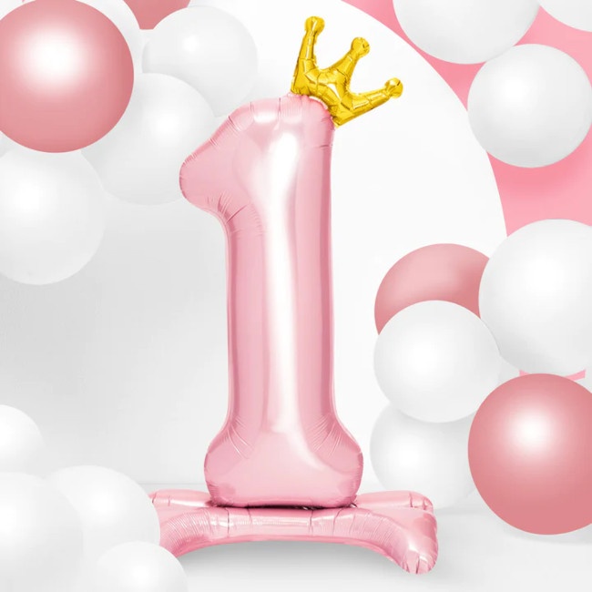 Ballon Chiffre 1 - Rose - Avec Couronne Or