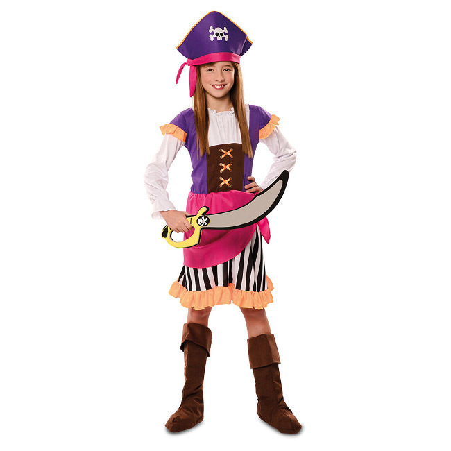 Vista frontal del costume de pirate aventureux violet pour filles en stock
