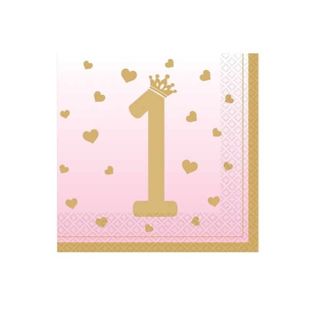 Serviette de table premier anniversaire rose avec couronne 16,5 X 16,5 cm -  16 pcs. par 3,25 €