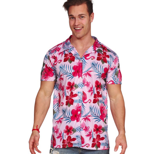 Vista frontal del chemise de costume hawaïen avec flamants roses pour hommes en stock