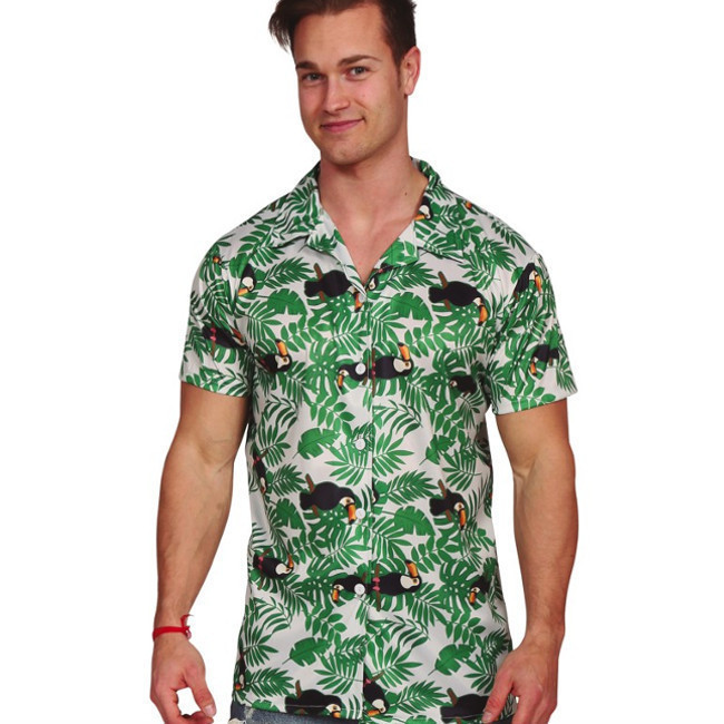 Vista frontal del chemise de costume hawaïen avec palmiers pour hommes en stock