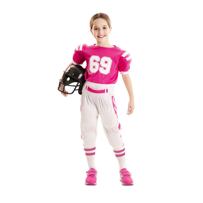 Vista delantera del costume de joueur de football américain rose pour filles en stock