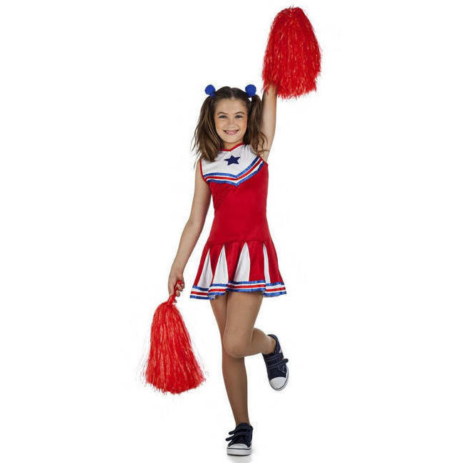 Vista frontal del costume de pom-pom girl rouge et bleu pour filles en stock