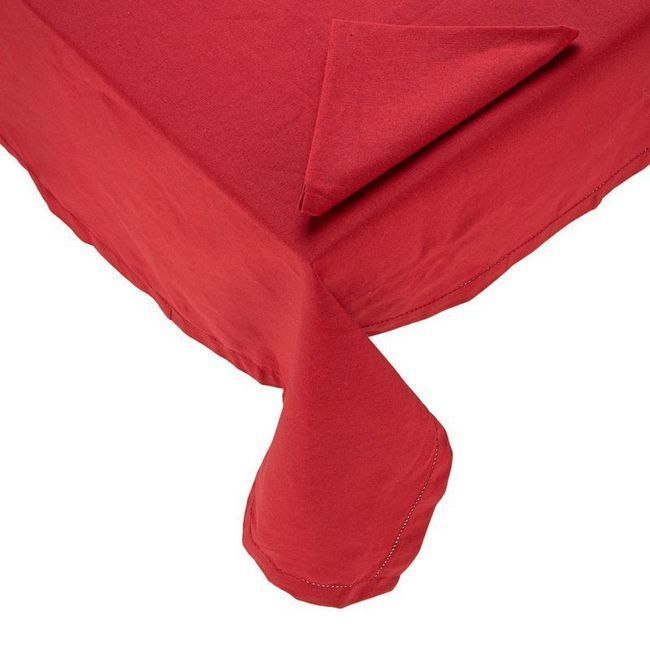 Vista frontal del nappe en tissu rouge avec ourlet 1,50 x 2,00 m avec 6 serviettes de table en stock