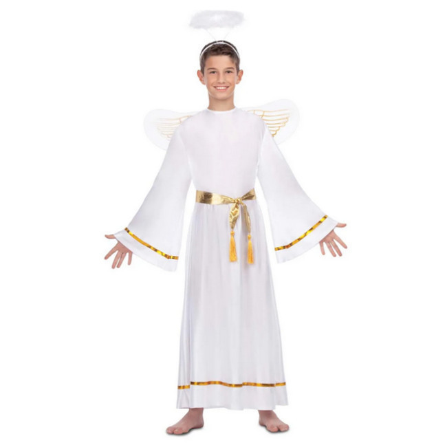 Vista delantera del costume d'ange blanc et doré avec ceinture et ailes pour enfants en stock