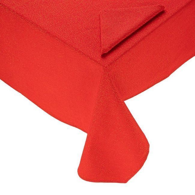 Vista delantera del nappe en tissu Lurex rouge 1,50 x 3,00 m avec 4 serviettes de table en stock