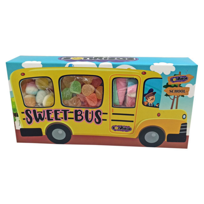 Vista frontal del boîte de bonbons en forme de bus 180g en stock