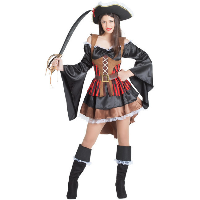 Vista frontal del costume de pirate corsaire noir à manches larges pour femmes disponible también en talla XL