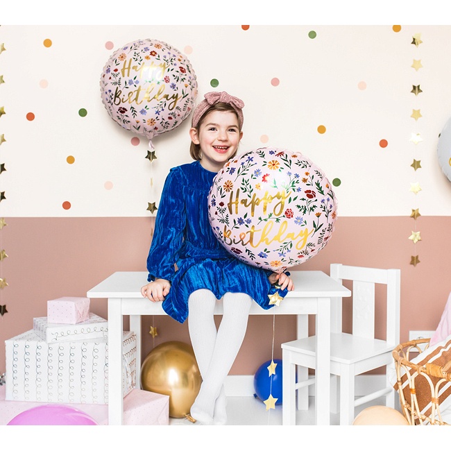 Foto detallada de ballon rond Happy Birthday avec fleurs 35 cm - PartyDeco