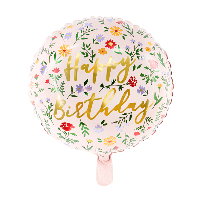 Vista delantera del ballon rond Happy Birthday avec fleurs 35 cm - PartyDeco en stock