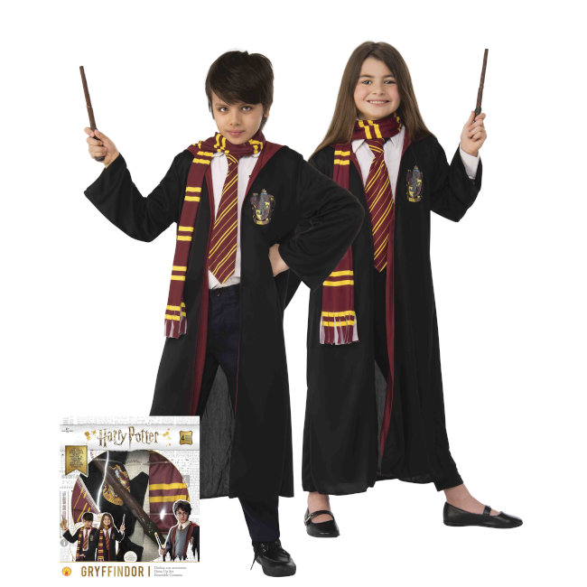 Vista delantera del costume Harry Potter avec écharpe, cravate et baguette en coffret en stock
