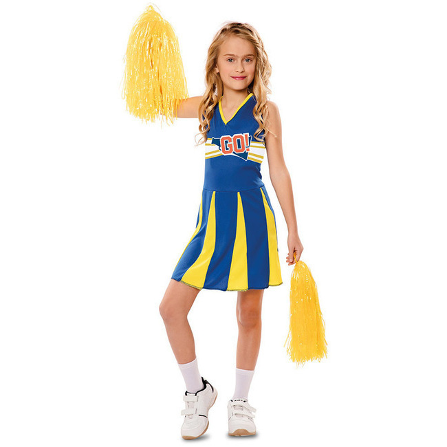 Vista frontal del costume de pom-pom girl bleu et jaune pour filles en stock