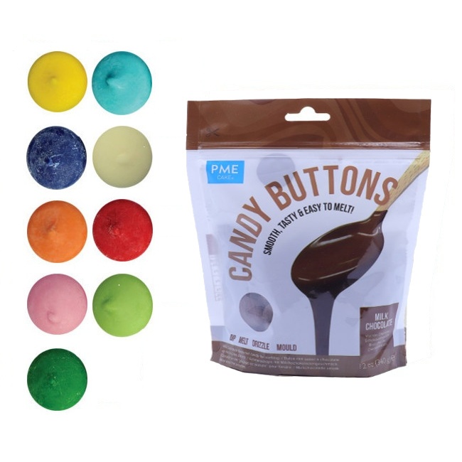 Vista frontal del 340 g coloured chocolate candy buttons - PME en stock