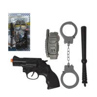 Kit de policier avec menottes, matraque, talkie-walkie et pistolet.
