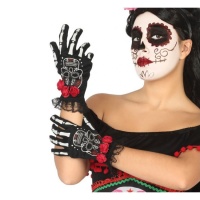 Gants squelette Catrina avec roses - 24 cm