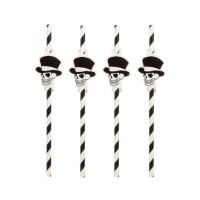 Pailles en papier en forme de squelette noir et blanc - 8 pcs.