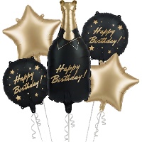 Bouquet de ballons avec ballon en forme de bouteille de champagne et ballons noirs et dorés - 5 pièces