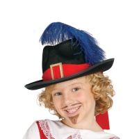 Chapeau de mousquetaire avec plume bleue pour enfants - 50 cm