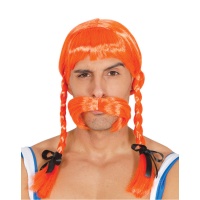 Perruque orange avec tresses et moustache