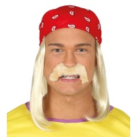 Perruque blonde avec moustache et bandana rouge