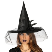 Chapeau de sorcière noir avec fleur et tulle - 61 cm