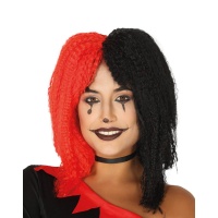 Perruque arlequin ondulée noire et rouge