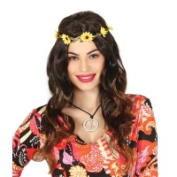 Perruque hippie ondulée avec serre-tête à fleurs